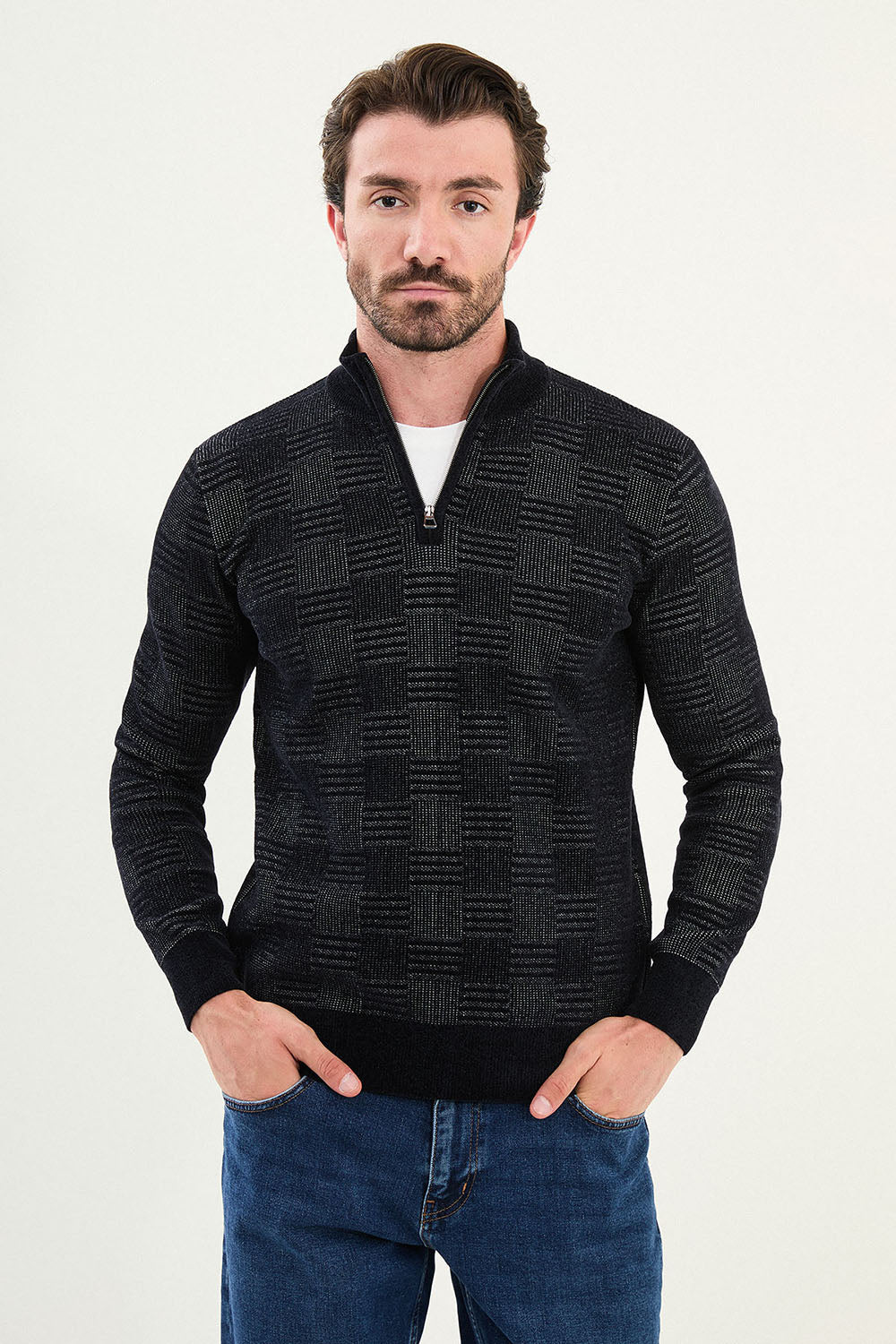Mazonni Midnight Black Cardigan – Men’s Square Pattern Knit Half Zip Pullover