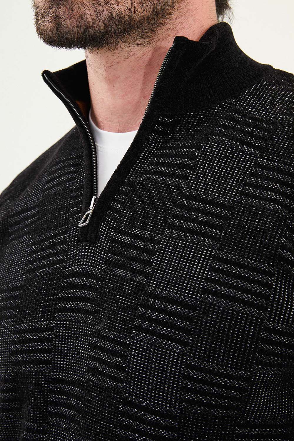 Mazonni Onyx Black Cardigan – Men’s Checkered Knit Quarter Zip Slim Fit Sweater