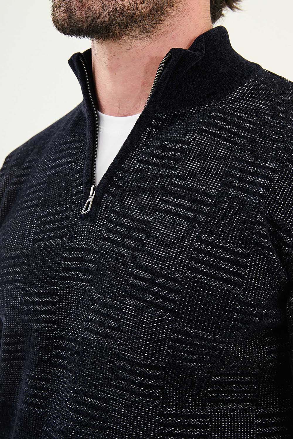 Mazonni Midnight Black Cardigan – Men’s Square Pattern Knit Half Zip Pullover