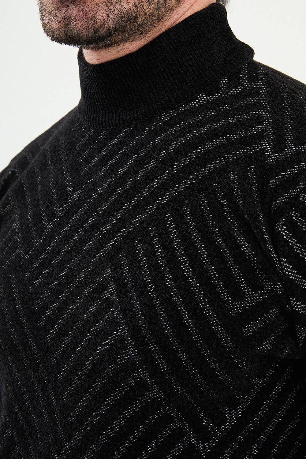 Mazonni Modern Black Cardigan – Men’s High Neck Sweater with Textured Knit Design