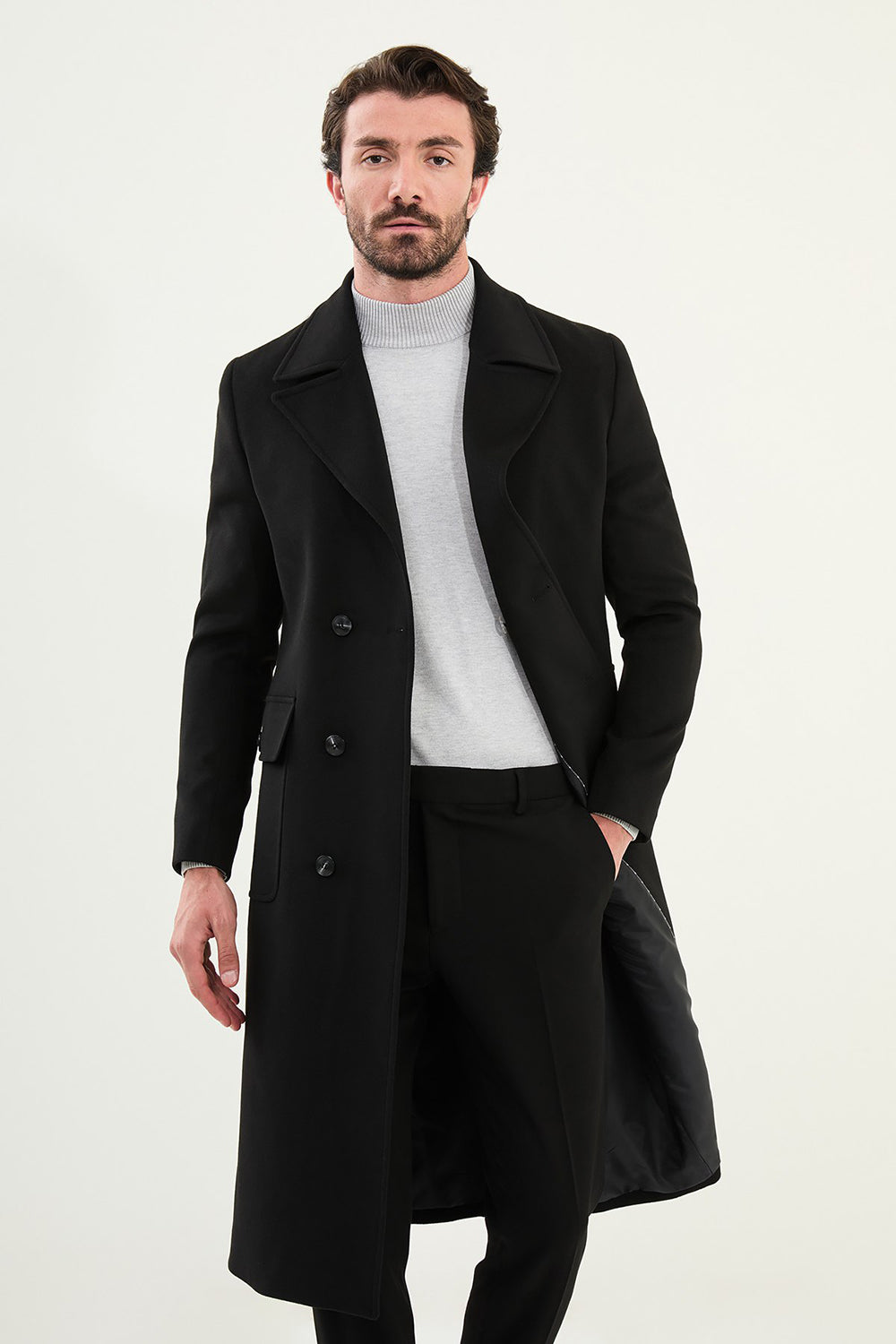 Mazonni Roma Men’s Black Wool Double Breasted Overcoat Long Elegant Jacket