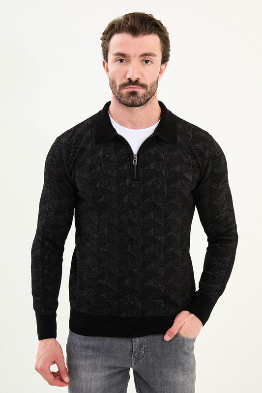 Mazonni Eclipse Cardigan – Men’s Black Half Zip Sweater with Geometric Knit Pattern
