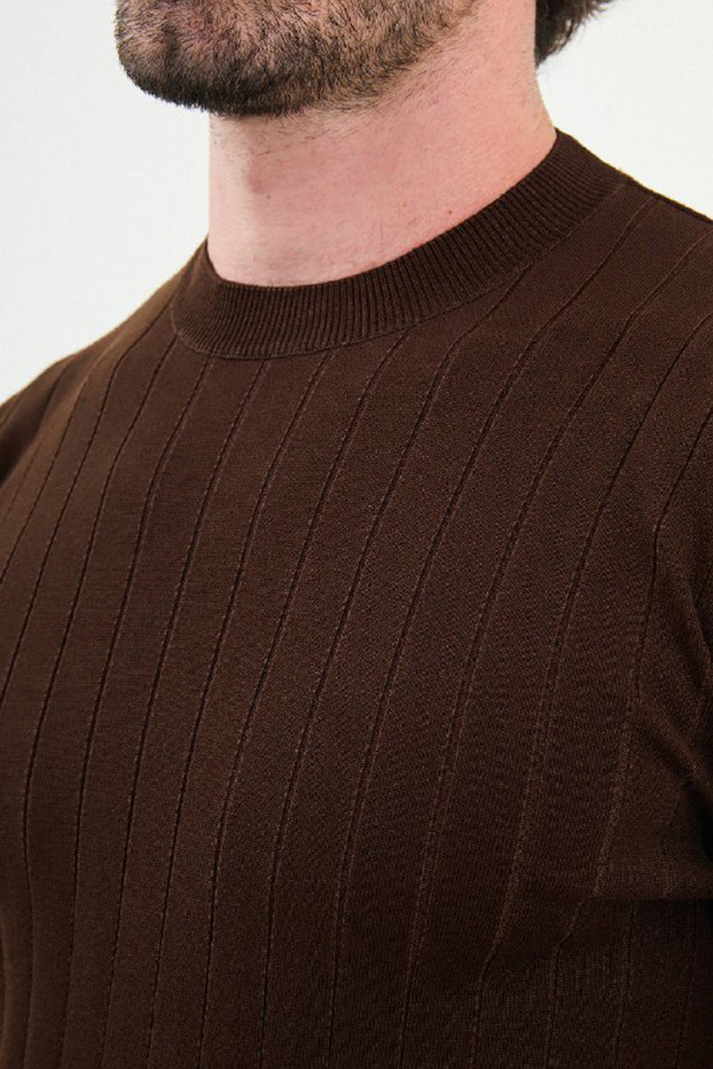 Mazonni Classic Brown Cardigan – Men’s Ribbed Knit Crew Neck Slim Fit Sweater