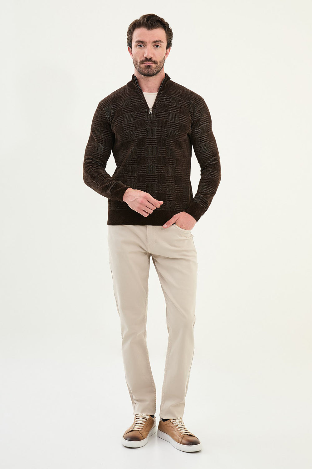 Mazonni Espresso Brown Cardigan – Men’s Checkered Knit Half Zip Pullover Sweater