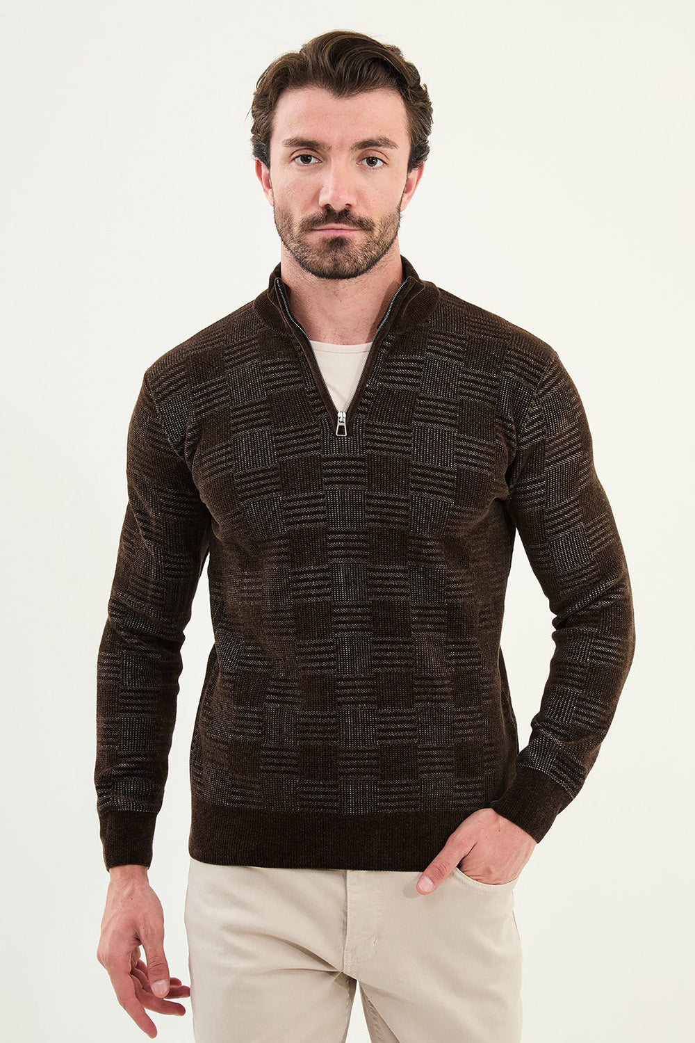 Mazonni Espresso Brown Cardigan – Men’s Checkered Knit Half Zip Pullover Sweater
