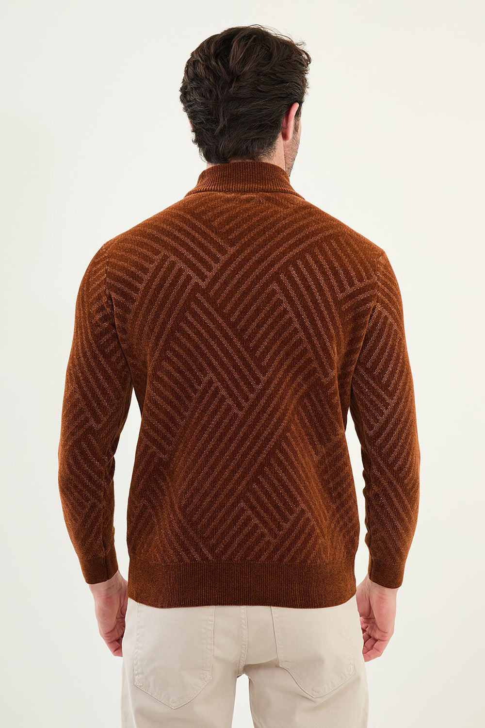 Mazonni Terra Cardigan – Men’s Brown High Neck Geometric Knit Sweater