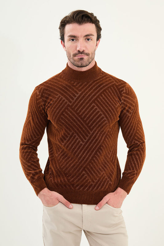 Mazonni Terra Cardigan – Men’s Brown High Neck Geometric Knit Sweater