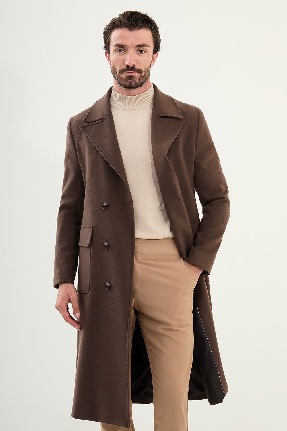Mazonni Torino Men’s Brown Wool Double Breasted Overcoat Long Classic Jacket