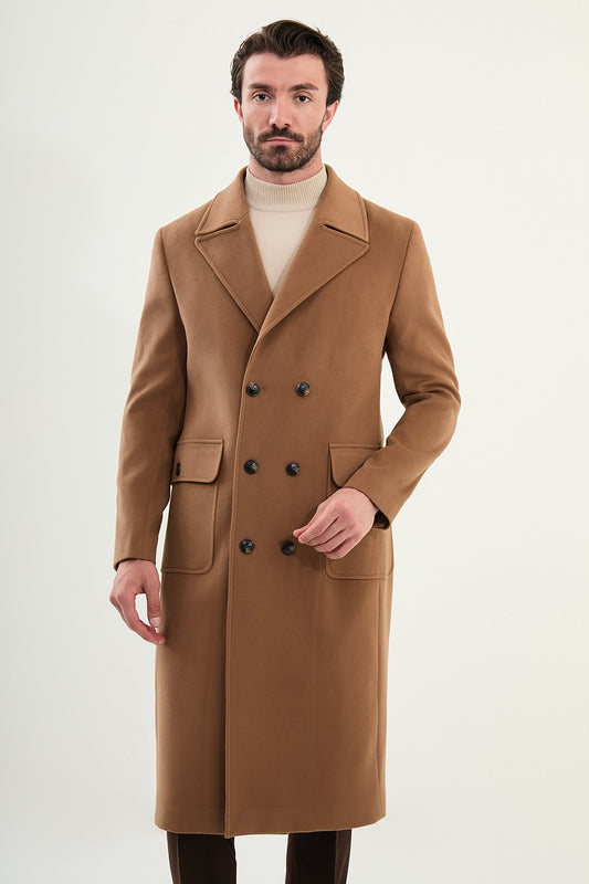 Mazonni Milano Men’s Camel Brown Wool Double Breasted Overcoat Long Jacket