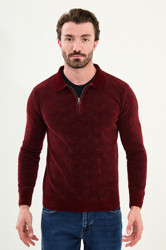 Mazonni Verona Men’s Burgundy Cardigan Knit Zip Neck Long Sleeve Sweater