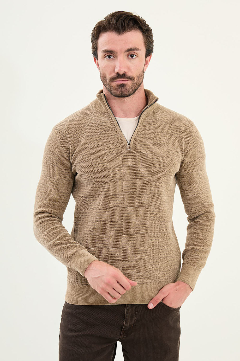 Mazonni Casual Beige Cardigan – Men’s Checkered Knit Half Zip Pullover Sweater