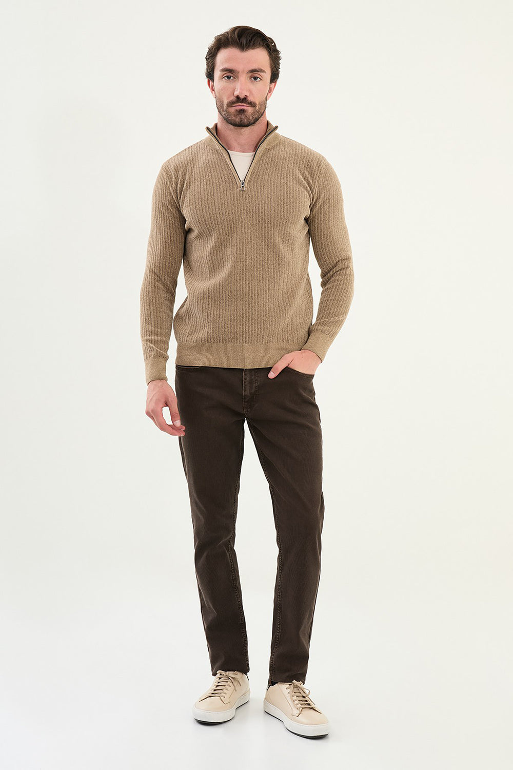 Mazonni Beige Zip Cardigan – Men’s Ribbed Knit Slim Fit Pullover Sweater