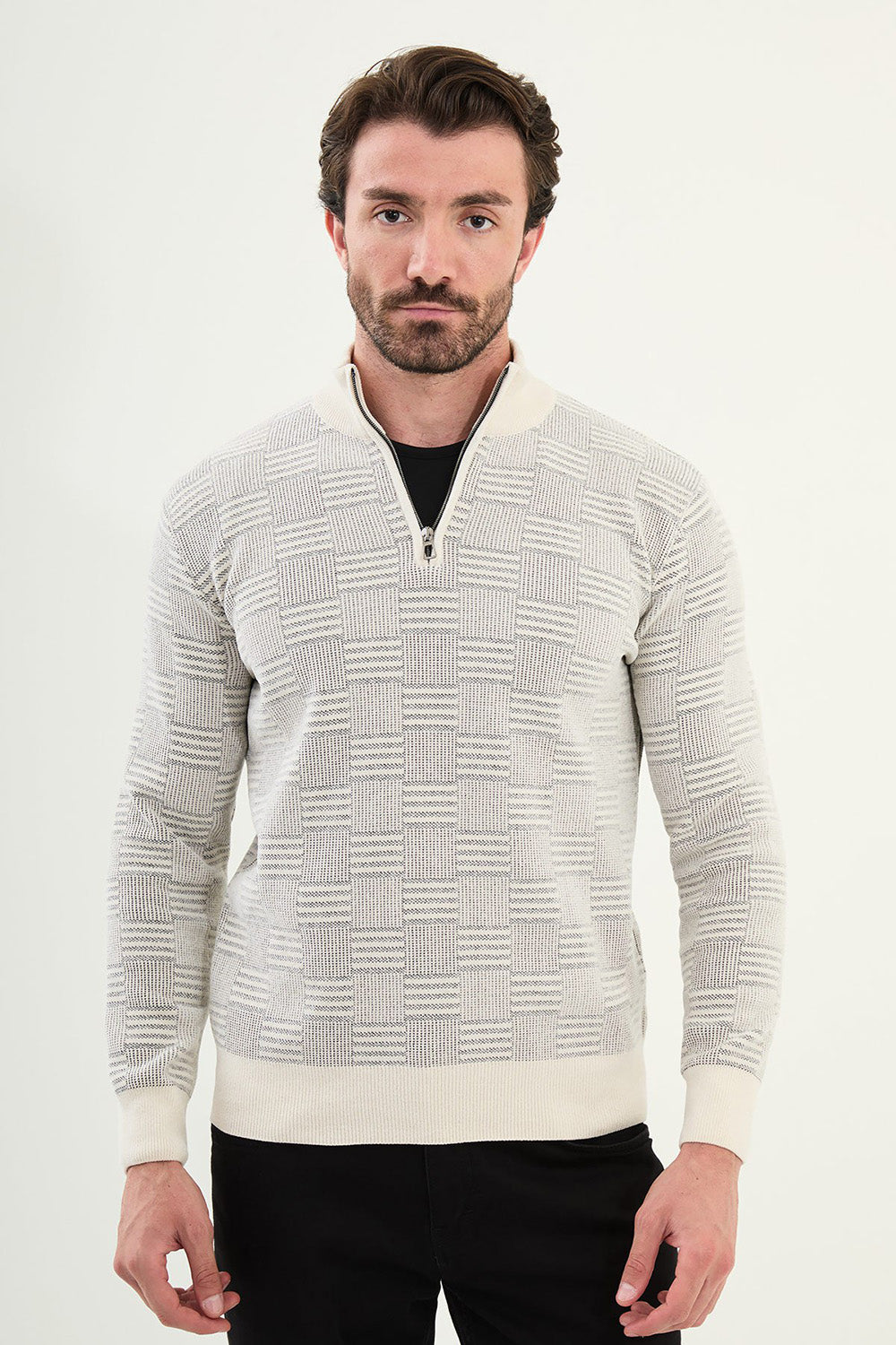 Mazonni Elegant White Cardigan – Men’s Checkered Knit Half Zip Pullover Sweater