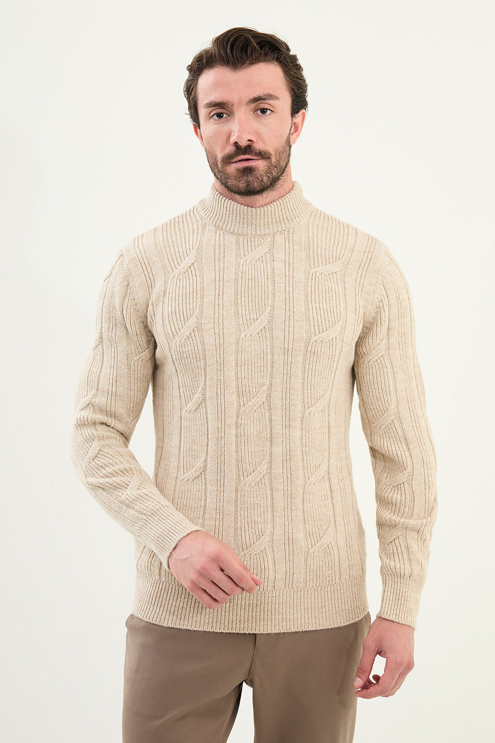 Mazonni Beige Turtleneck Cardigan – Men’s Cable Knit High Neck Slim Fit Sweater