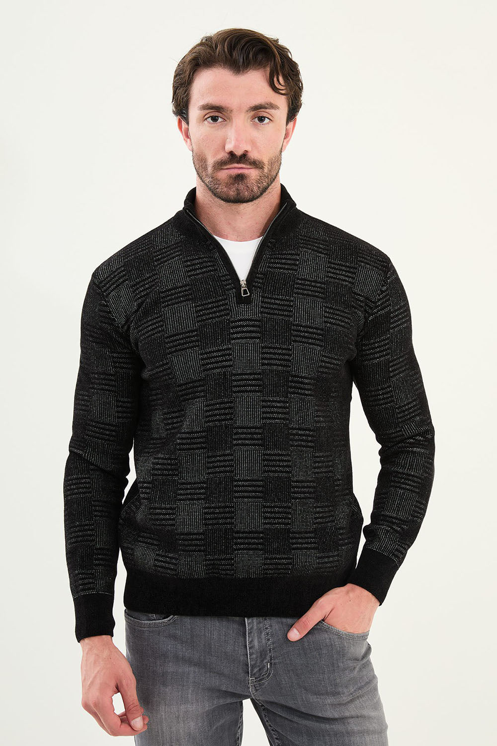 Mazonni Onyx Black Cardigan – Men’s Checkered Knit Quarter Zip Slim Fit Sweater