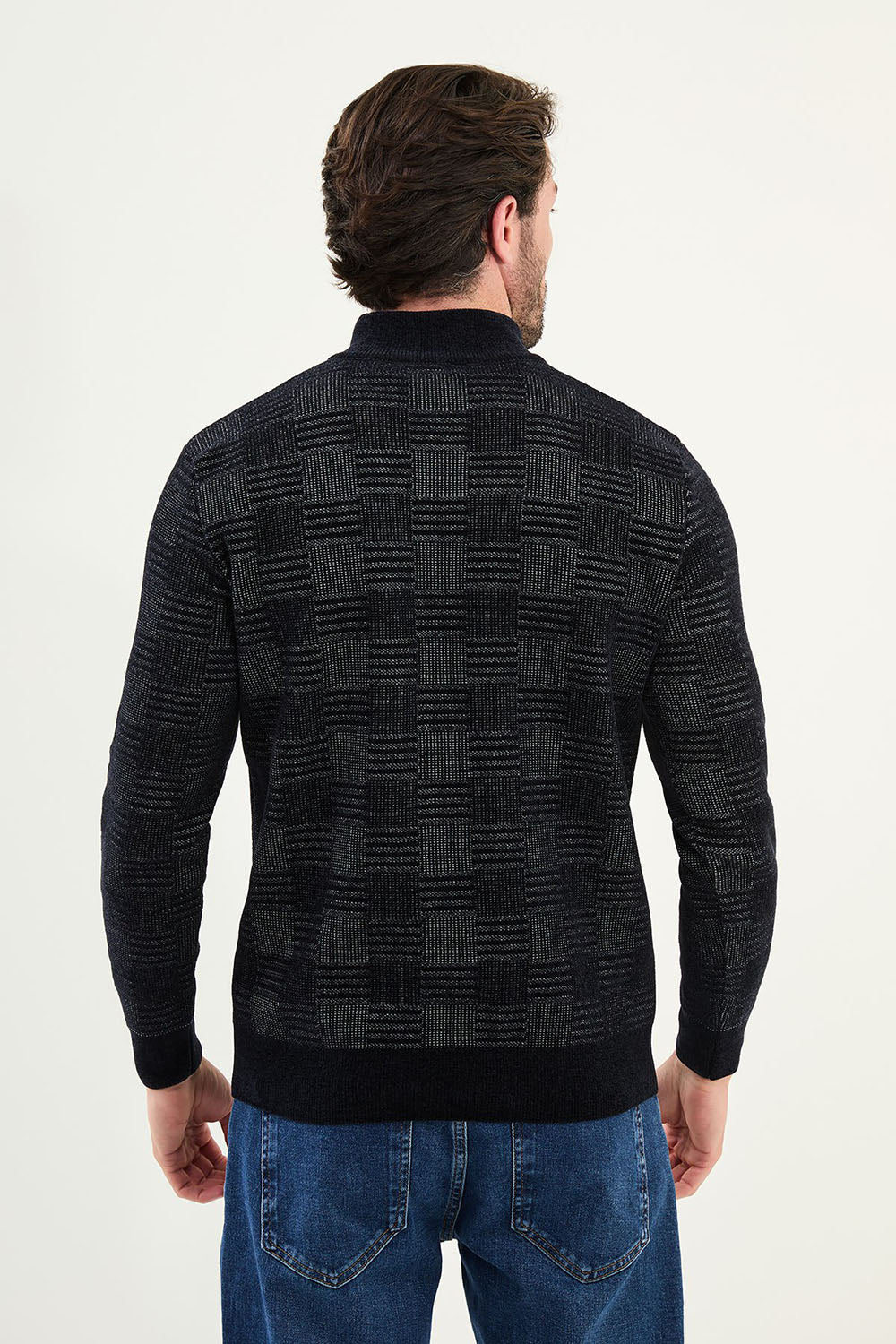 Mazonni Midnight Black Cardigan – Men’s Square Pattern Knit Half Zip Pullover