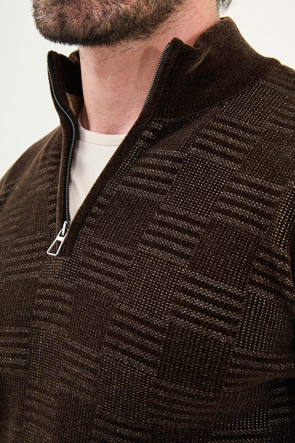 Mazonni Espresso Brown Cardigan – Men’s Checkered Knit Half Zip Pullover Sweater