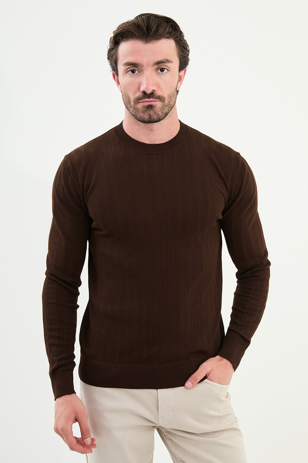 Mazonni Classic Brown Cardigan – Men’s Ribbed Knit Crew Neck Slim Fit Sweater