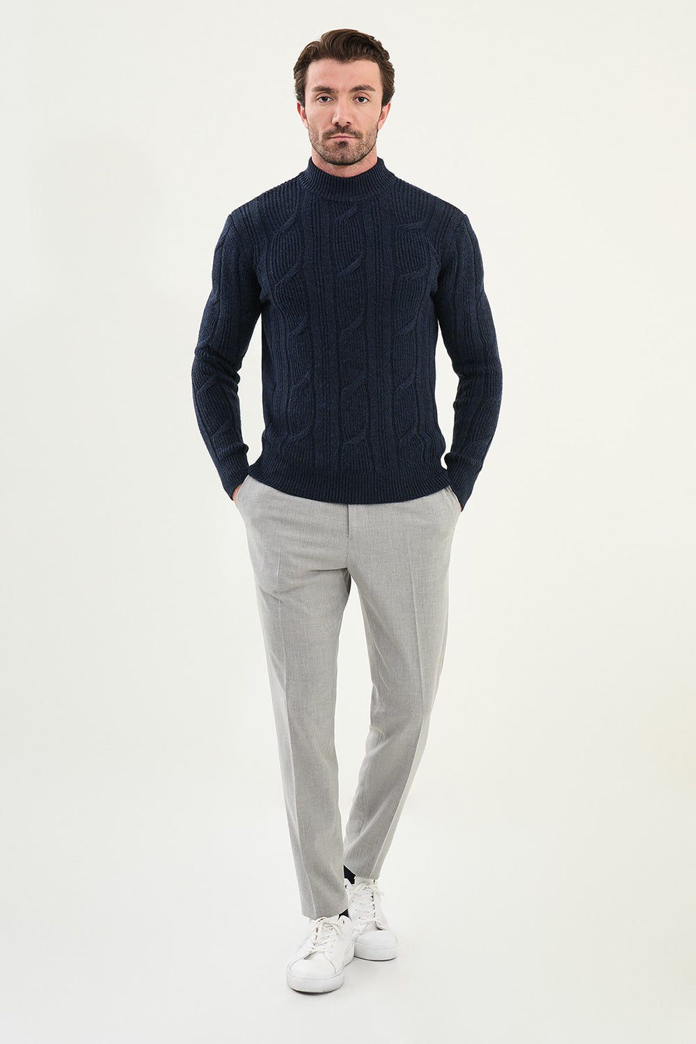 Mazonni Navy Blue Cardigan – Men’s Cable Knit High Neck Slim Fit Sweater