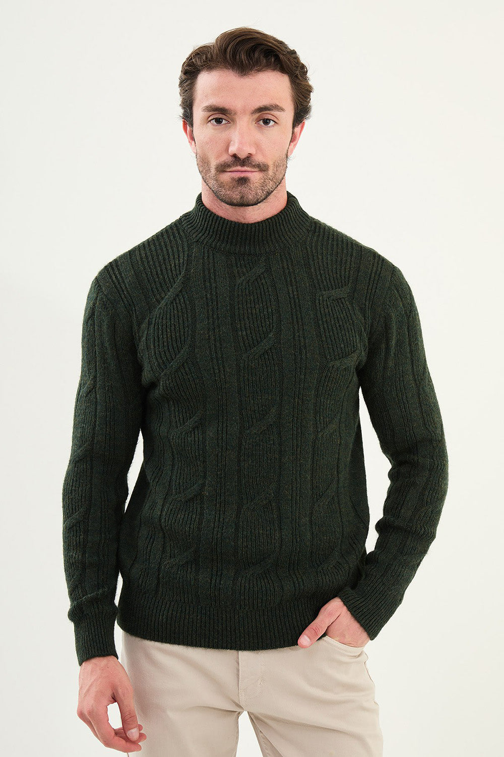 Mazonni Olive Green Cardigan – Men’s Cable Knit High Neck Slim Fit Sweater