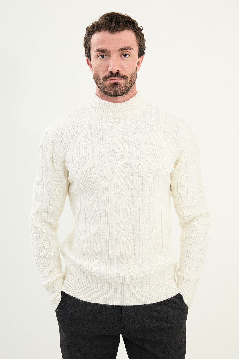 Mazonni Arctic White Turtleneck Cardigan – Men’s Cable Knit Slim Fit Sweater
