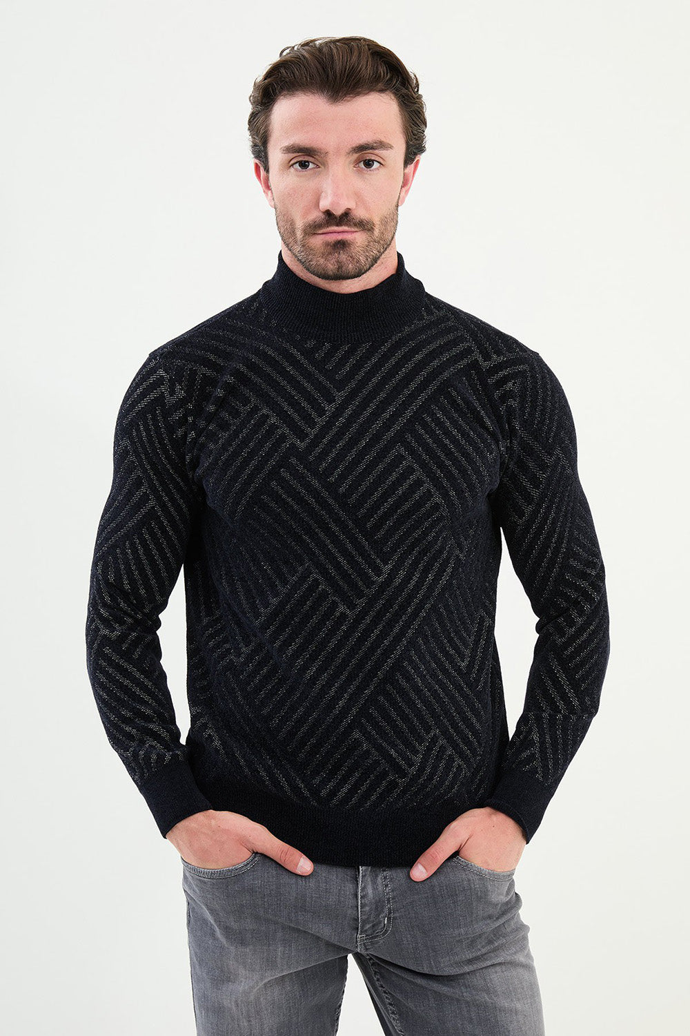 Mazonni Geometric Brown Cardigan – Men’s High Neck Winter Knit Sweater