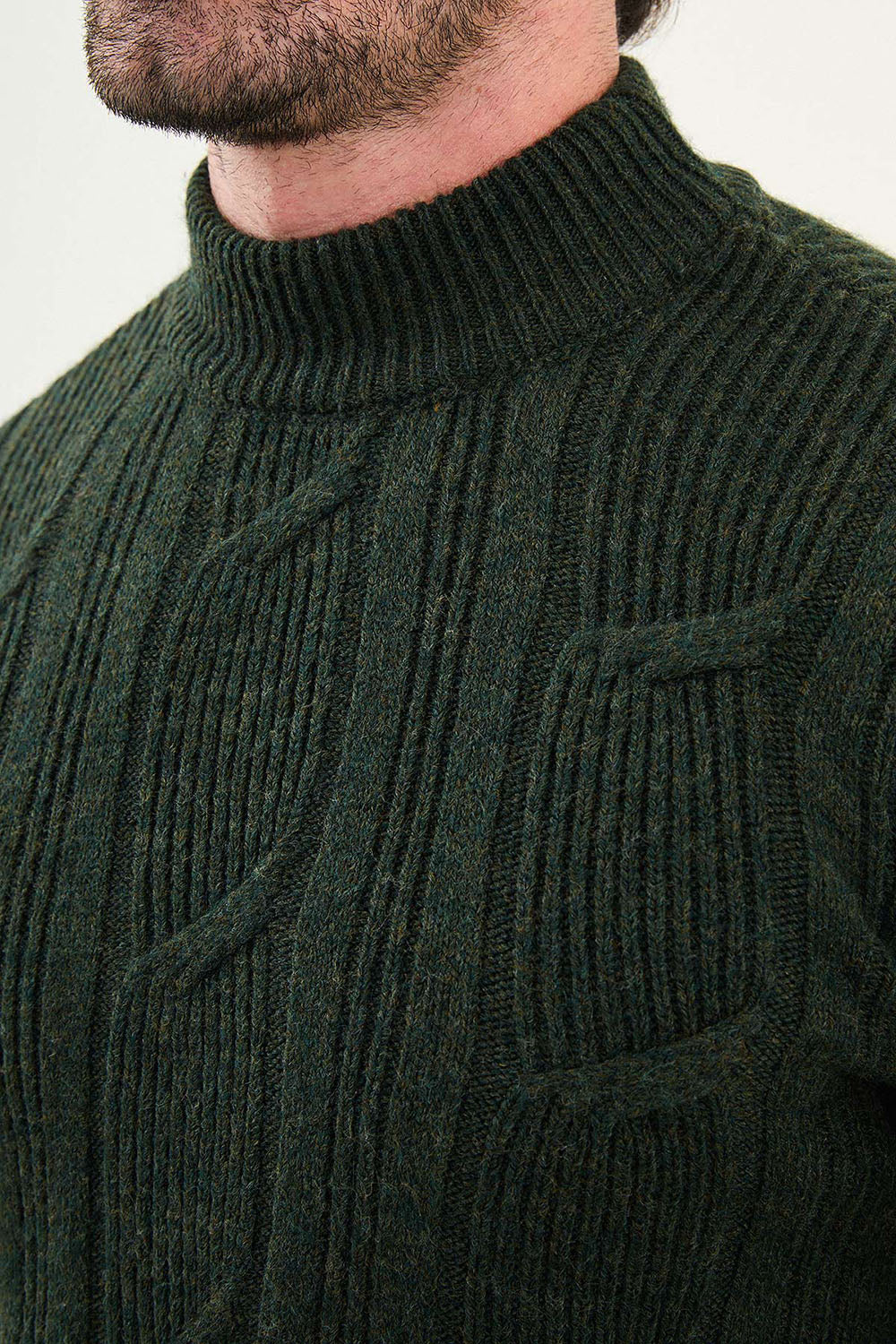 Mazonni Olive Green Cardigan – Men’s Cable Knit High Neck Slim Fit Sweater