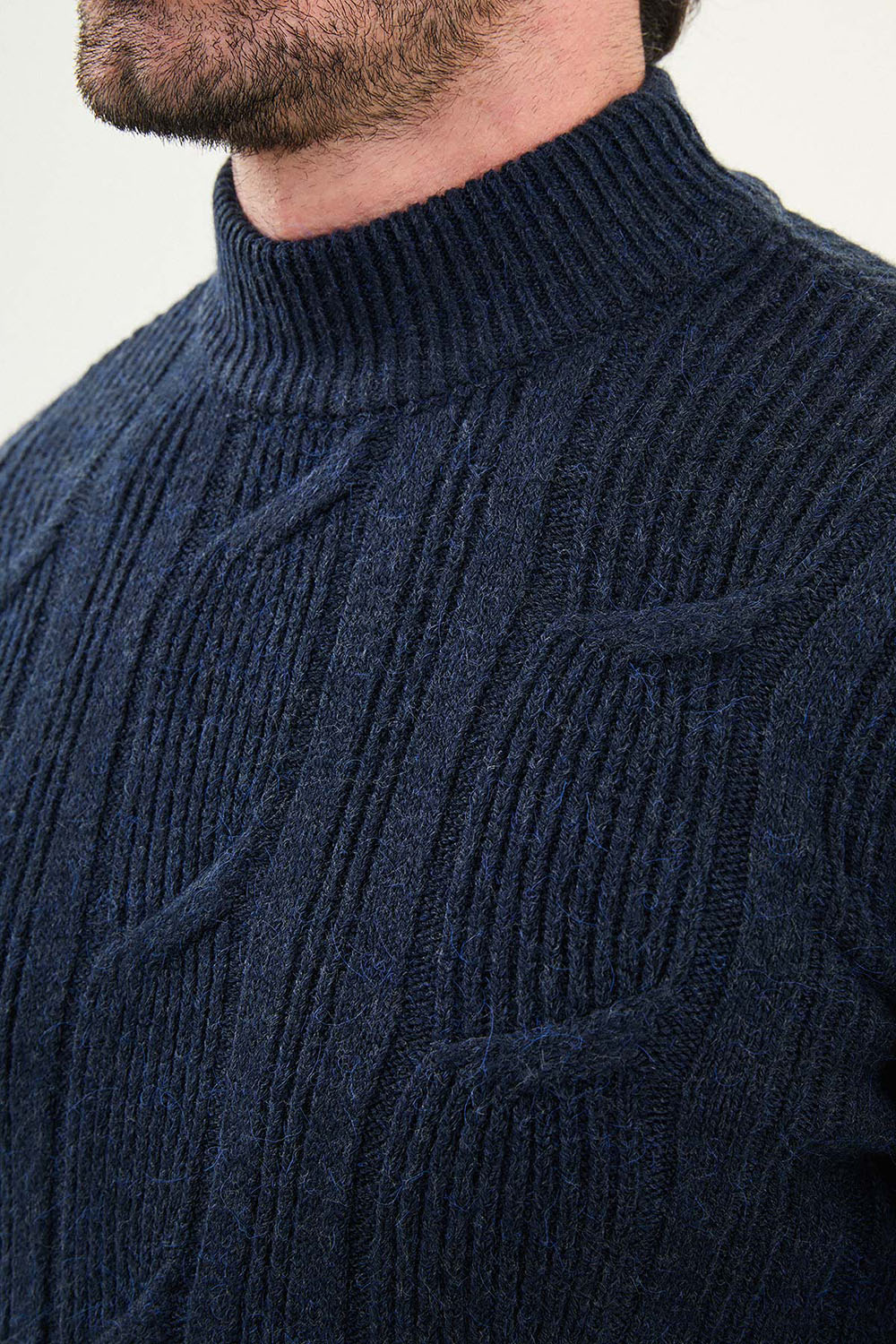 Mazonni Navy Blue Cardigan – Men’s Cable Knit High Neck Slim Fit Sweater