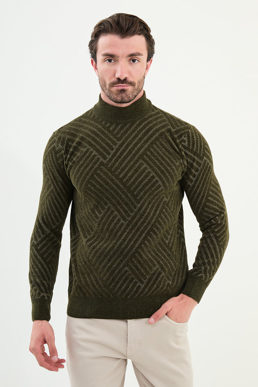 Mazonni Geometric Olive Cardigan – Men’s High Neck Textured Knit Sweater