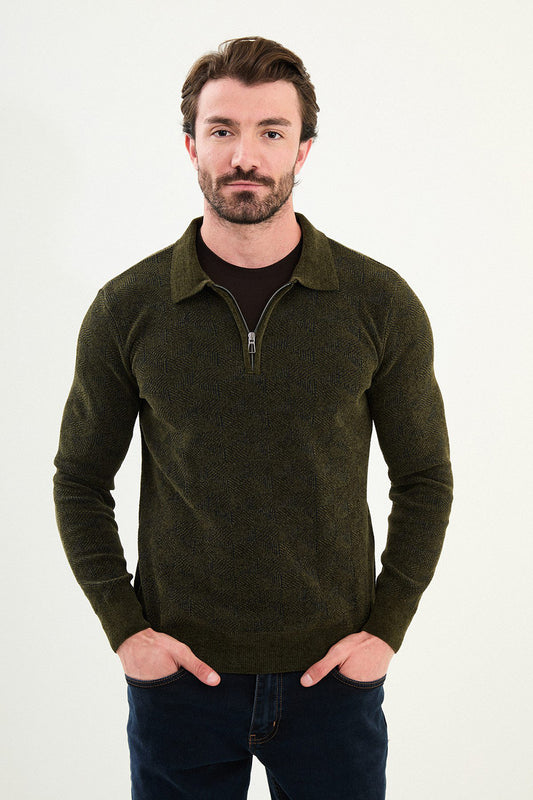 Mazonni Roma Men’s Green Cardigan Knit Zip Neck Long Sleeve Sweater