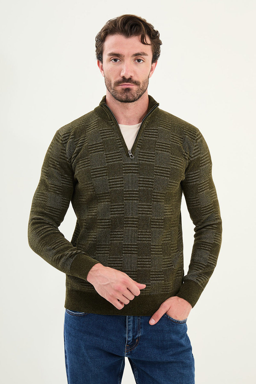 Mazonni Olive Green Cardigan – Men’s Checkered Knit Quarter Zip Pullover Sweater