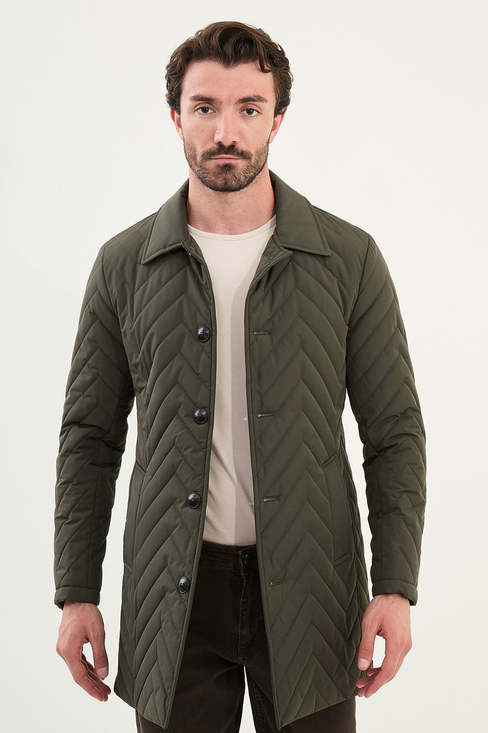 Mazonni Firenze Men’s Green Quilted Coat Long Sleeve Button Jacket