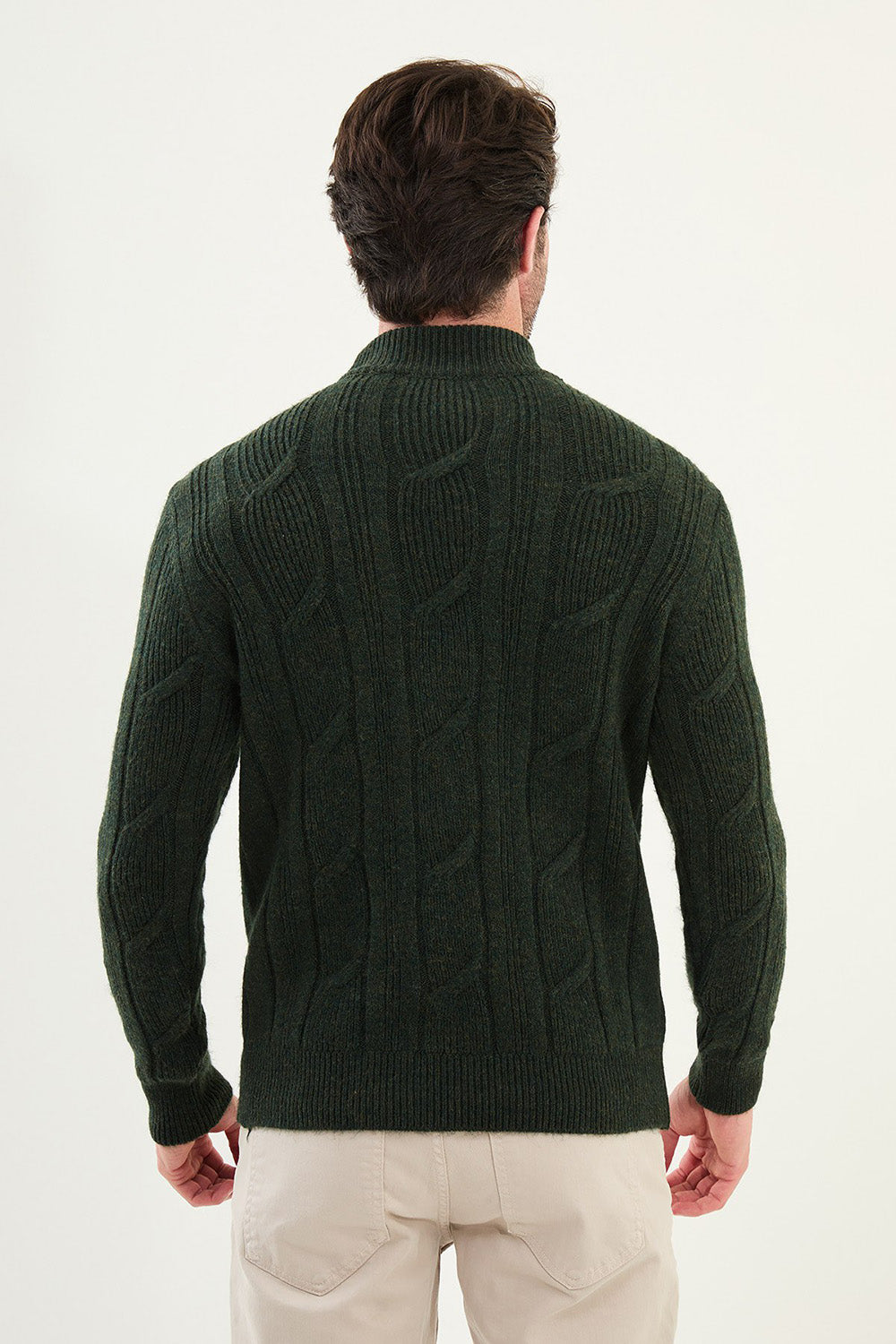 Mazonni Olive Green Cardigan – Men’s Cable Knit High Neck Slim Fit Sweater