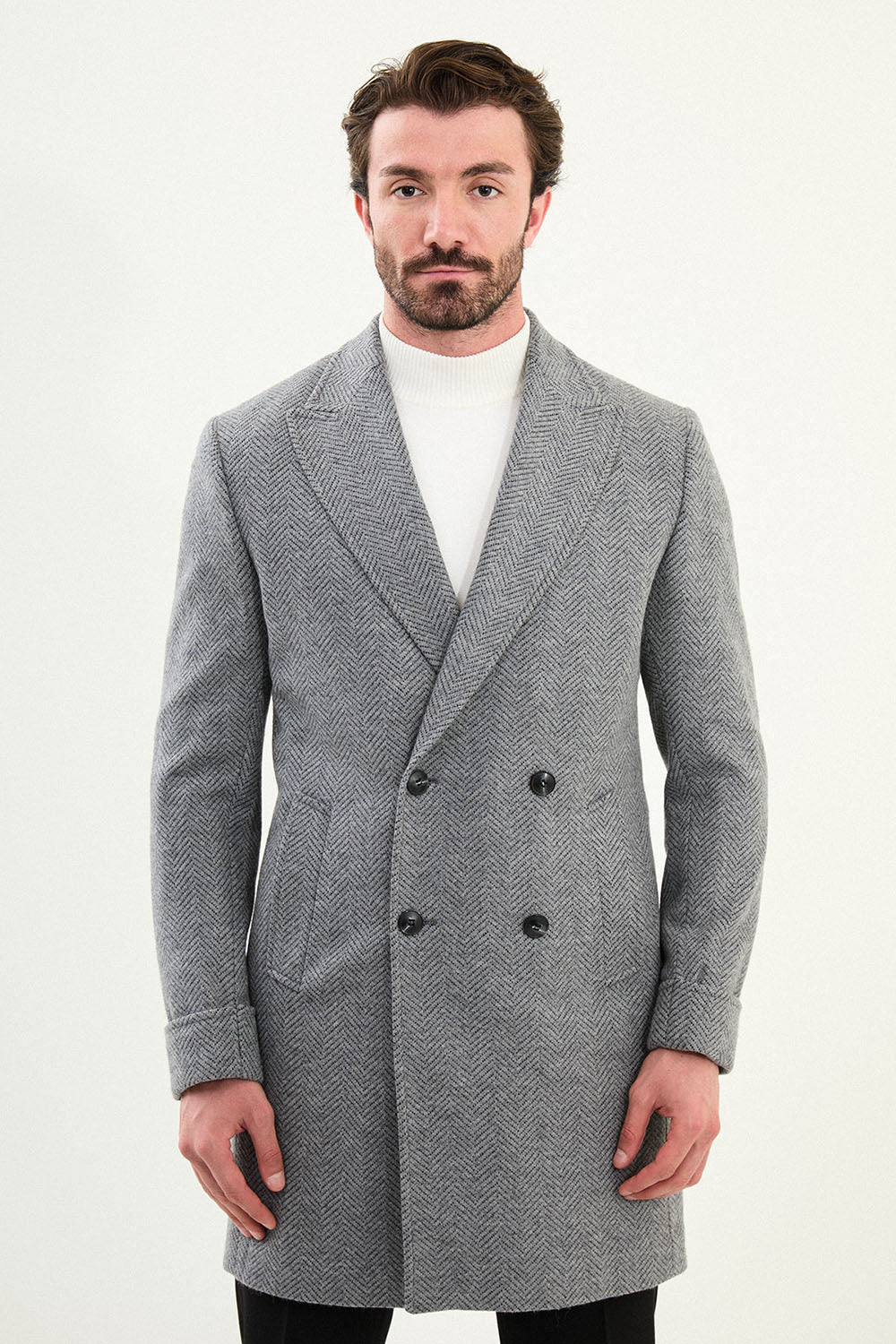 Mazonni Milano Men’s Grey Herringbone Coat Wool Double Breasted