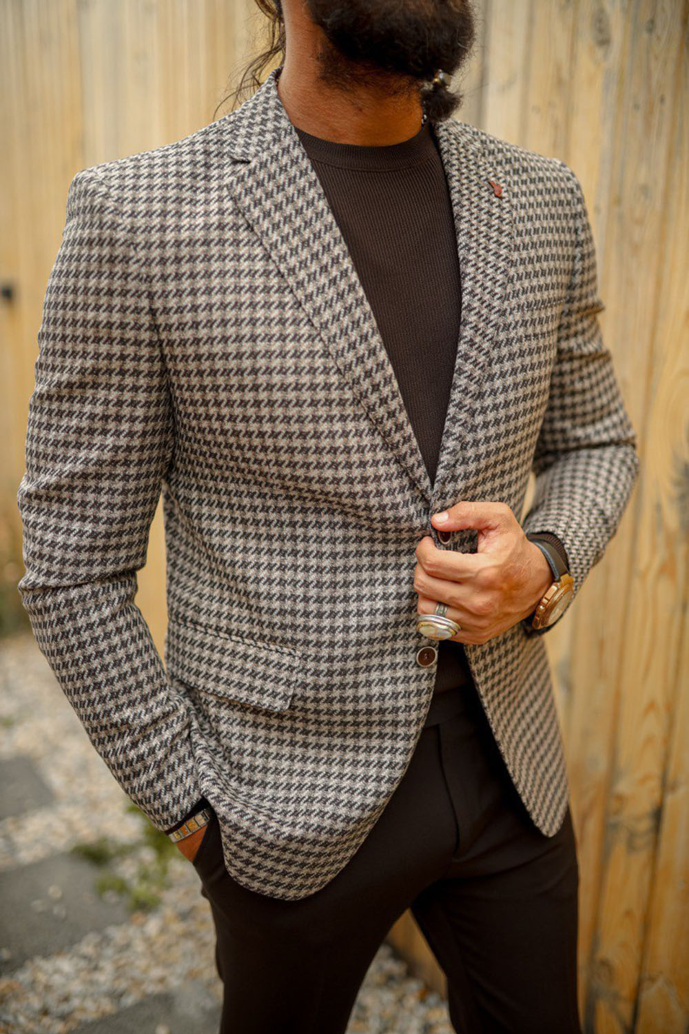 Mazonni Roma Grey Houndstooth Men’s Suit Jacket Classic Formal Blazer