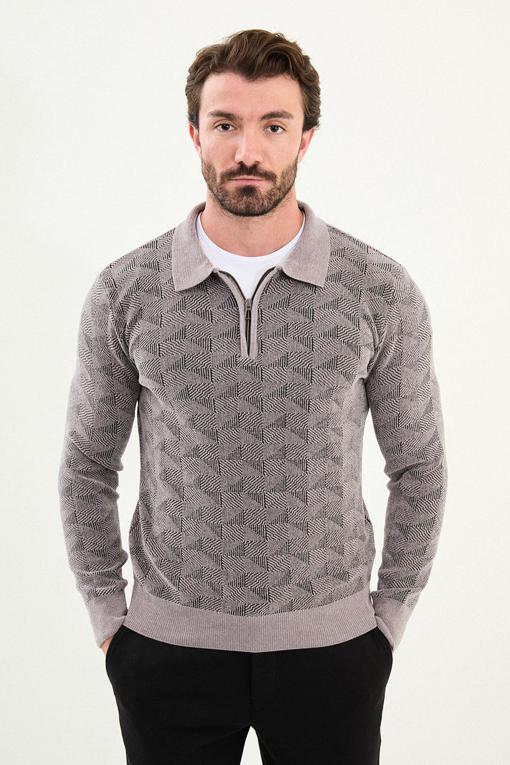 Mazonni Milano Men’s Grey Cardigan Knit Zip Neck Long Sleeve Sweater