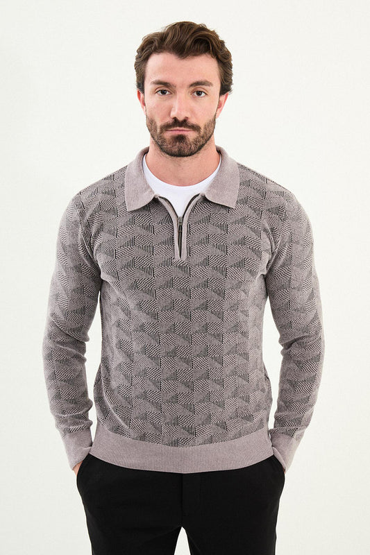 Mazonni Milano Men’s Grey Cardigan Knit Zip Neck Long Sleeve Sweater