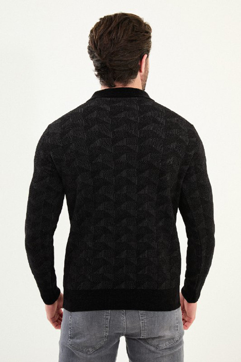 Mazonni Eclipse Cardigan – Men’s Black Half Zip Sweater with Geometric Knit Pattern