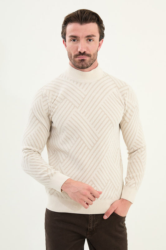Mazonni Ivory Cardigan – Men’s White High Neck Sweater with Geometric Knit Pattern