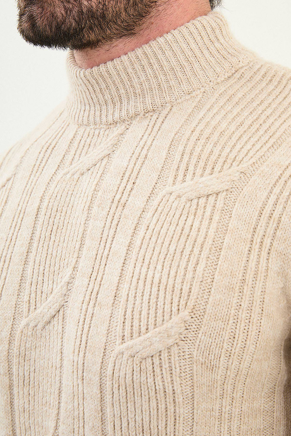 Mazonni Beige Turtleneck Cardigan – Men’s Cable Knit High Neck Slim Fit Sweater