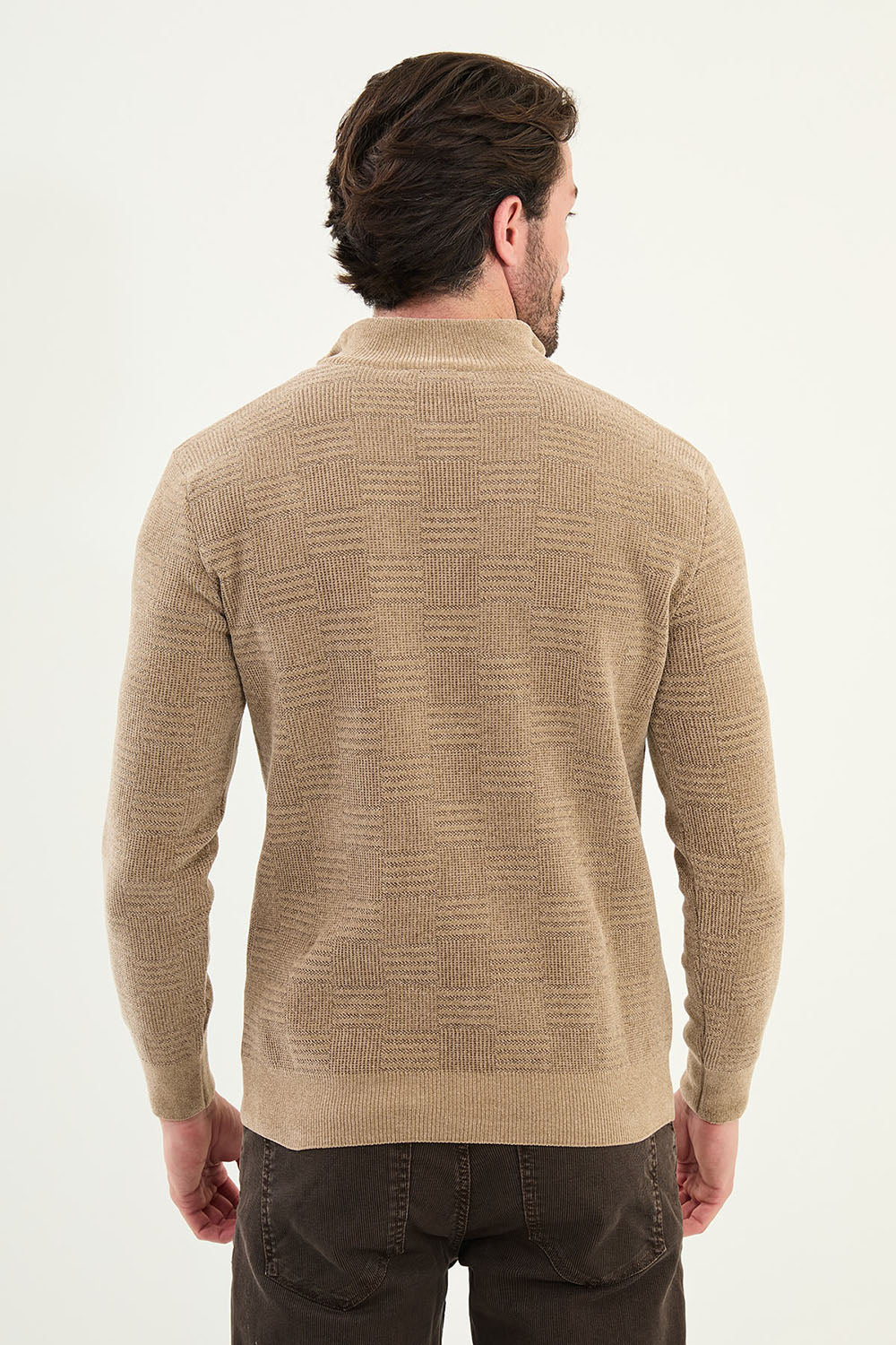 Mazonni Casual Beige Cardigan – Men’s Checkered Knit Half Zip Pullover Sweater