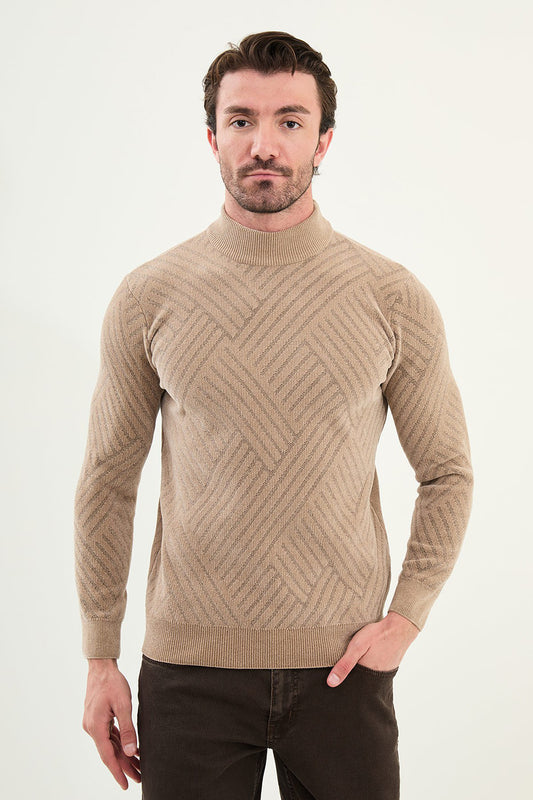 Mazonni Sandstone Cardigan – Men’s Light Brown High Neck Textured Knit Sweater
