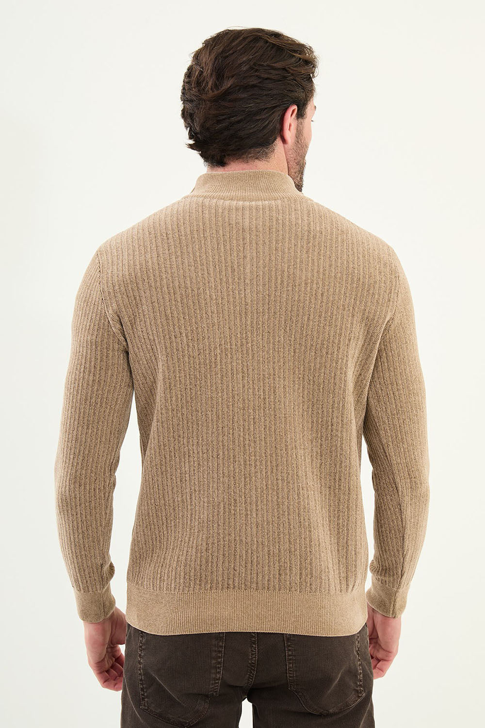 Mazonni Beige Zip Cardigan – Men’s Ribbed Knit Slim Fit Pullover Sweater
