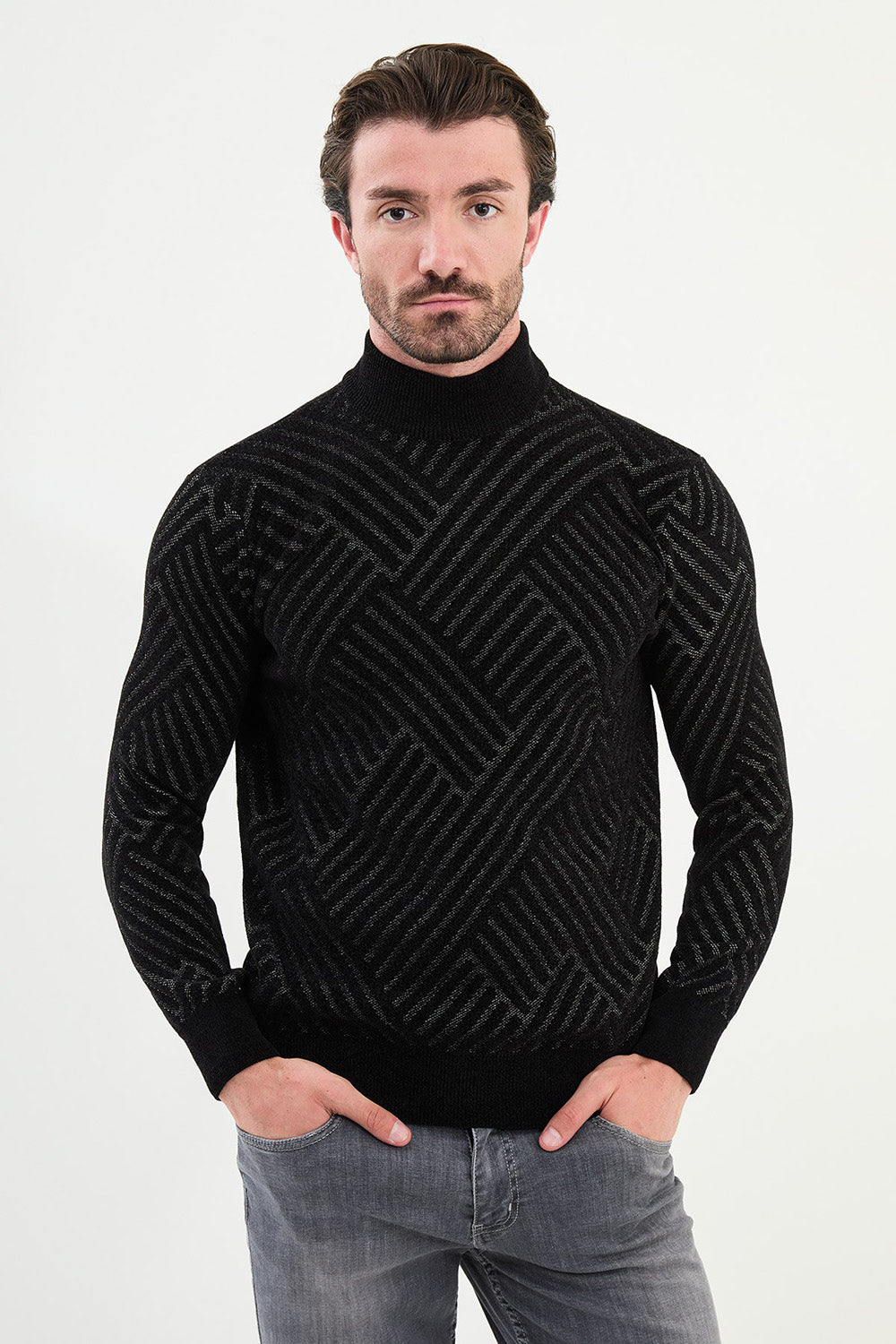 Mazonni Modern Black Cardigan – Men’s High Neck Sweater with Textured Knit Design