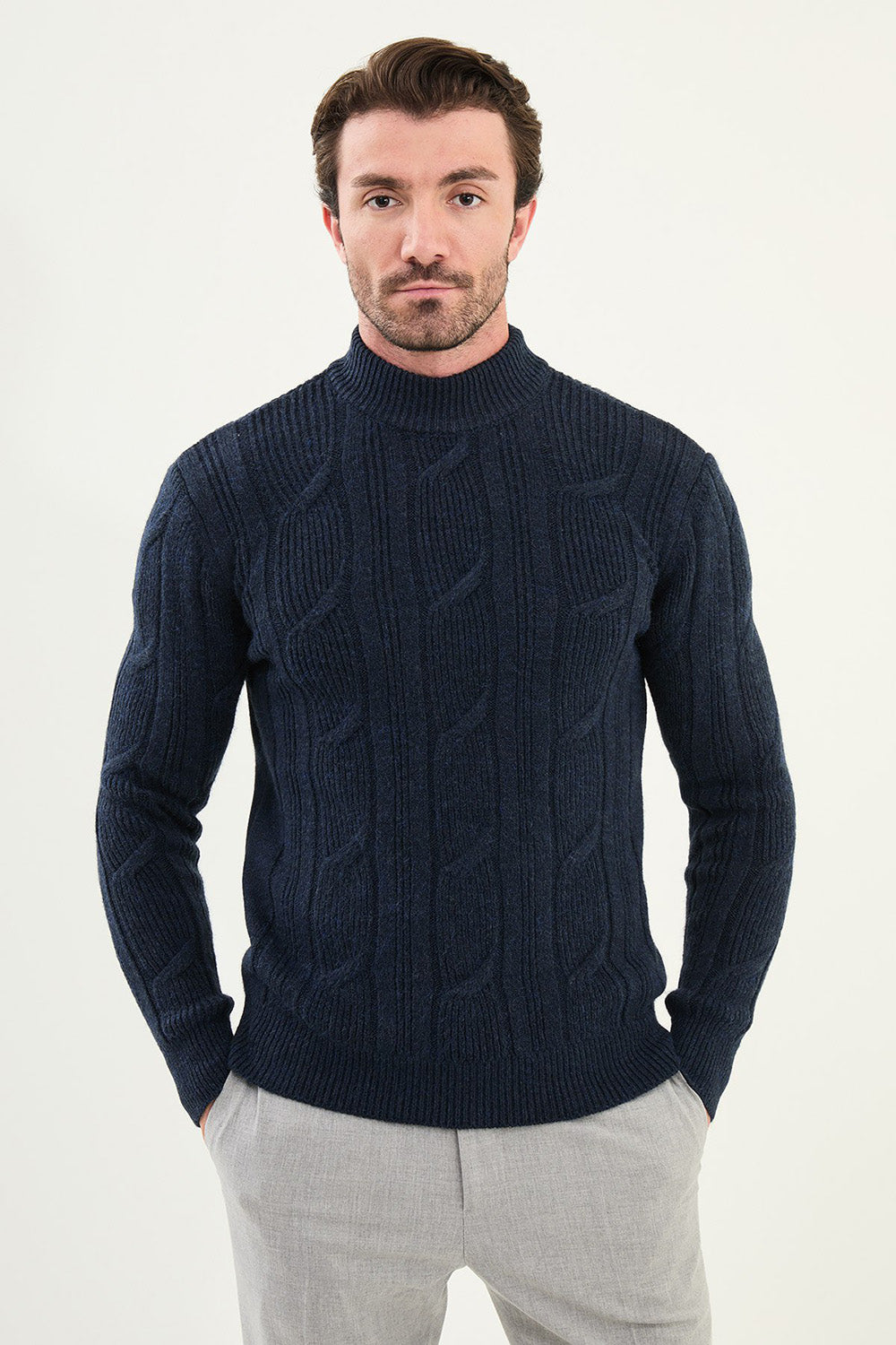 Mazonni Navy Blue Cardigan – Men’s Cable Knit High Neck Slim Fit Sweater