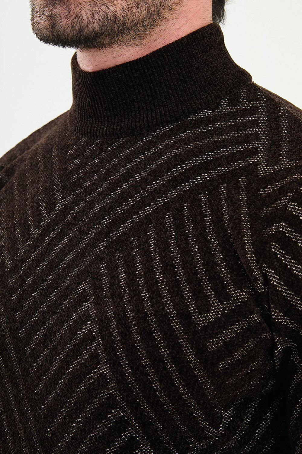 Mazonni Geometric Brown Cardigan – Men’s High Neck Winter Knit Sweater