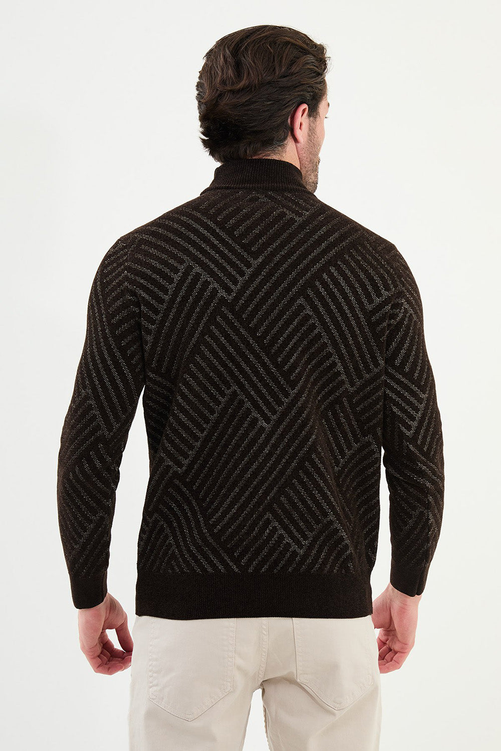 Mazonni Geometric Brown Cardigan – Men’s High Neck Winter Knit Sweater