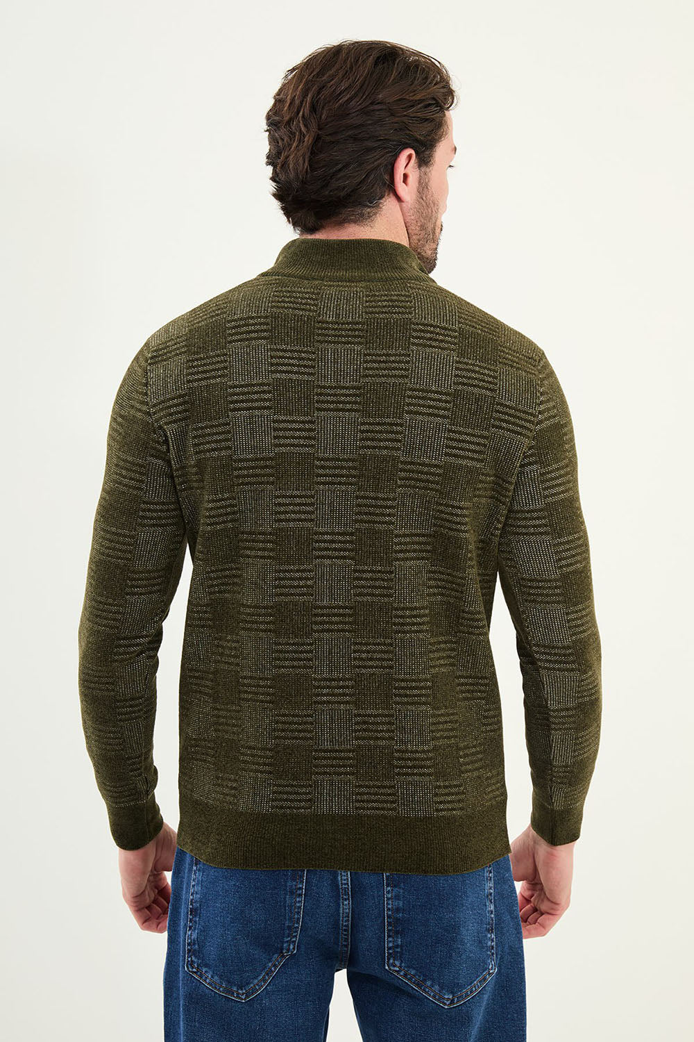 Mazonni Olive Green Cardigan – Men’s Checkered Knit Quarter Zip Pullover Sweater