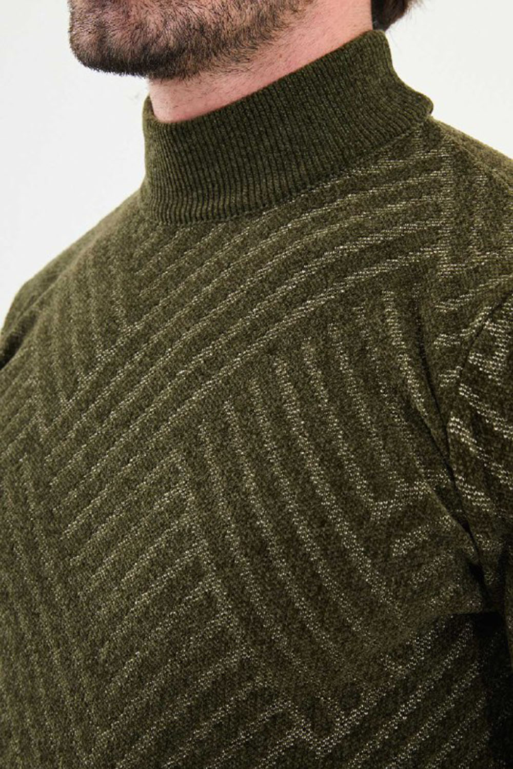 Mazonni Geometric Olive Cardigan – Men’s High Neck Textured Knit Sweater