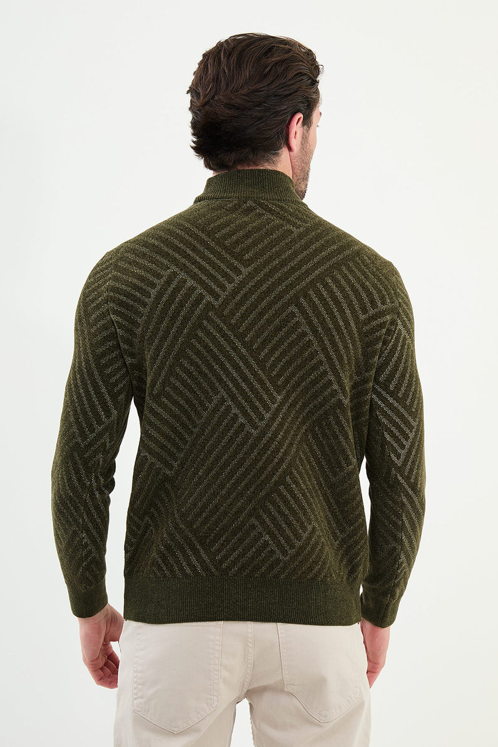 Mazonni Geometric Olive Cardigan – Men’s High Neck Textured Knit Sweater